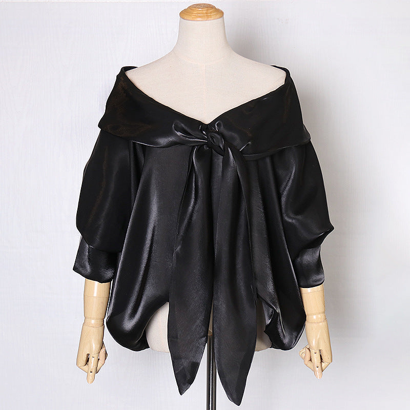 Elegant Elegant Solid Color off Neck Bow Shirt Autumn Shoulder Baring Slimming Tops Women