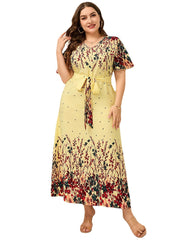 Plus Size Ladies Printed V-neck Lace up Swing Dress for Casual Holidays