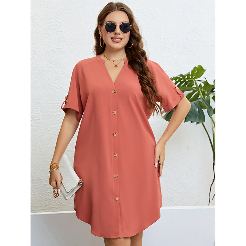 Summer V neck Buckle Loose Dress Women