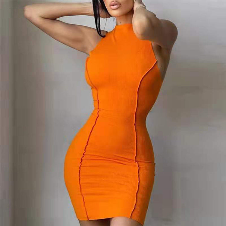 Summer Women Round Neck Sleeveless Solid Color Slim Sheath Dress