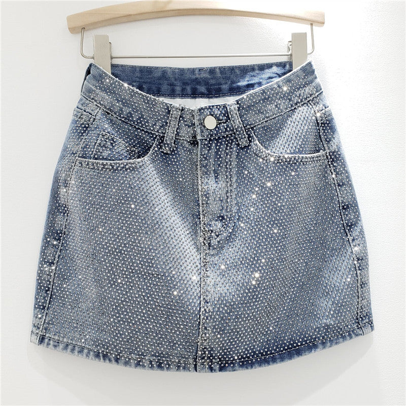 Summer Heavy Embroidery Drilling Denim Skirt Women High Waist A line Hip Wrapped Skirt – Pack of 5