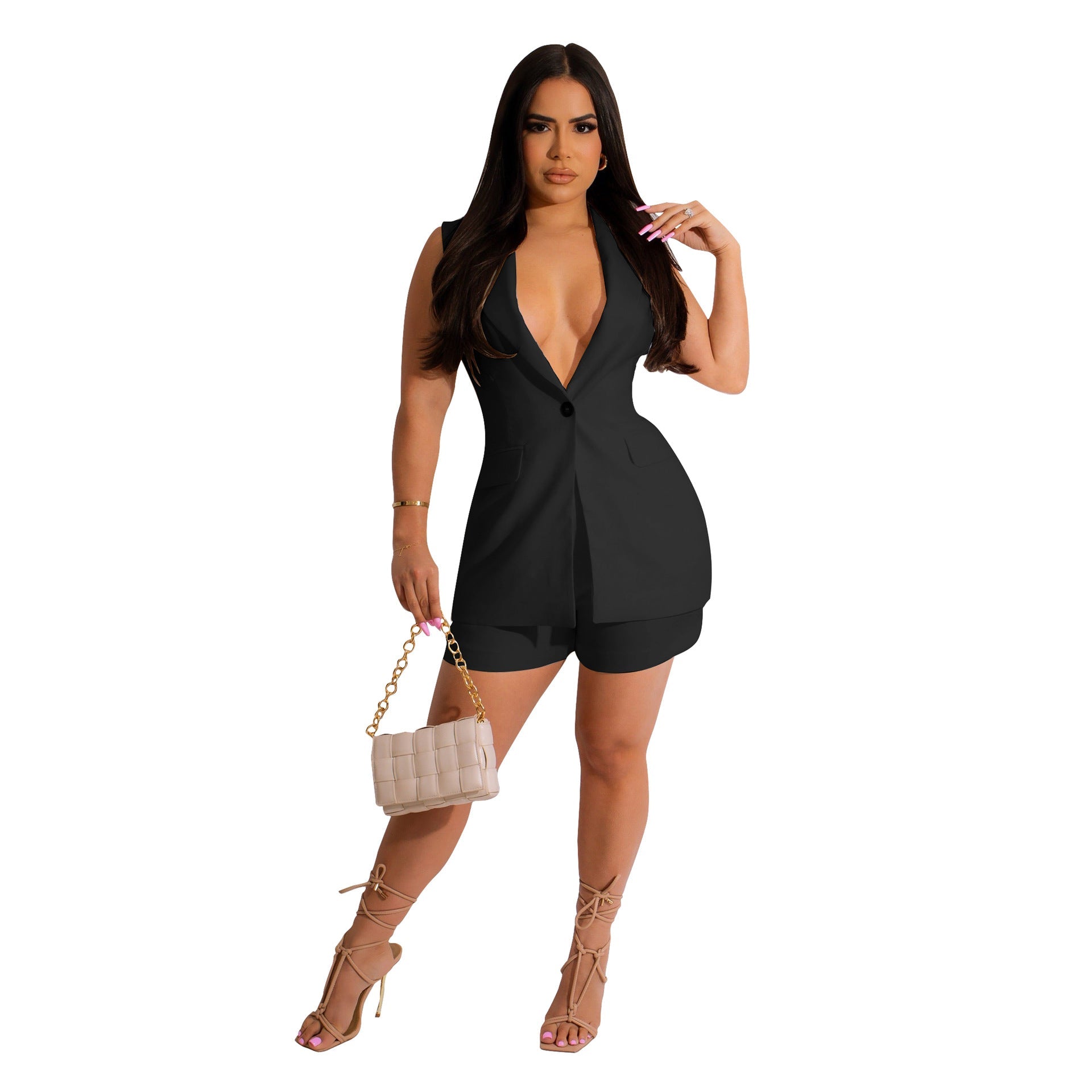 Women’s Sleeveless Blazer and Shorts Set – Summer Two-Piece Suit