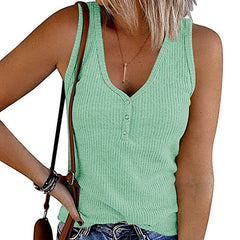 Summer Women Breasted Knitted Vest Solid Color V neck Sleeveless Top Women