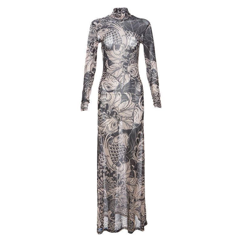 Women Clothing Autumn Personality Mesh Printed See through High Collar Slim Fit Slimming Dress