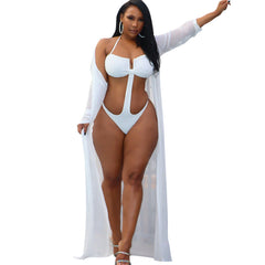 Summer Women Sexy Mesh Perspective Rhinestone Long Sleeve Swimsuit Cloak