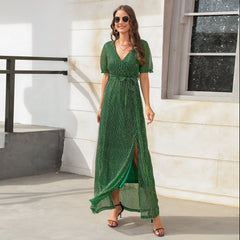 Spring Summer V neck High Waist Tied Dress Cocktail Party Split Long Short Sleeve Dress Party Dress