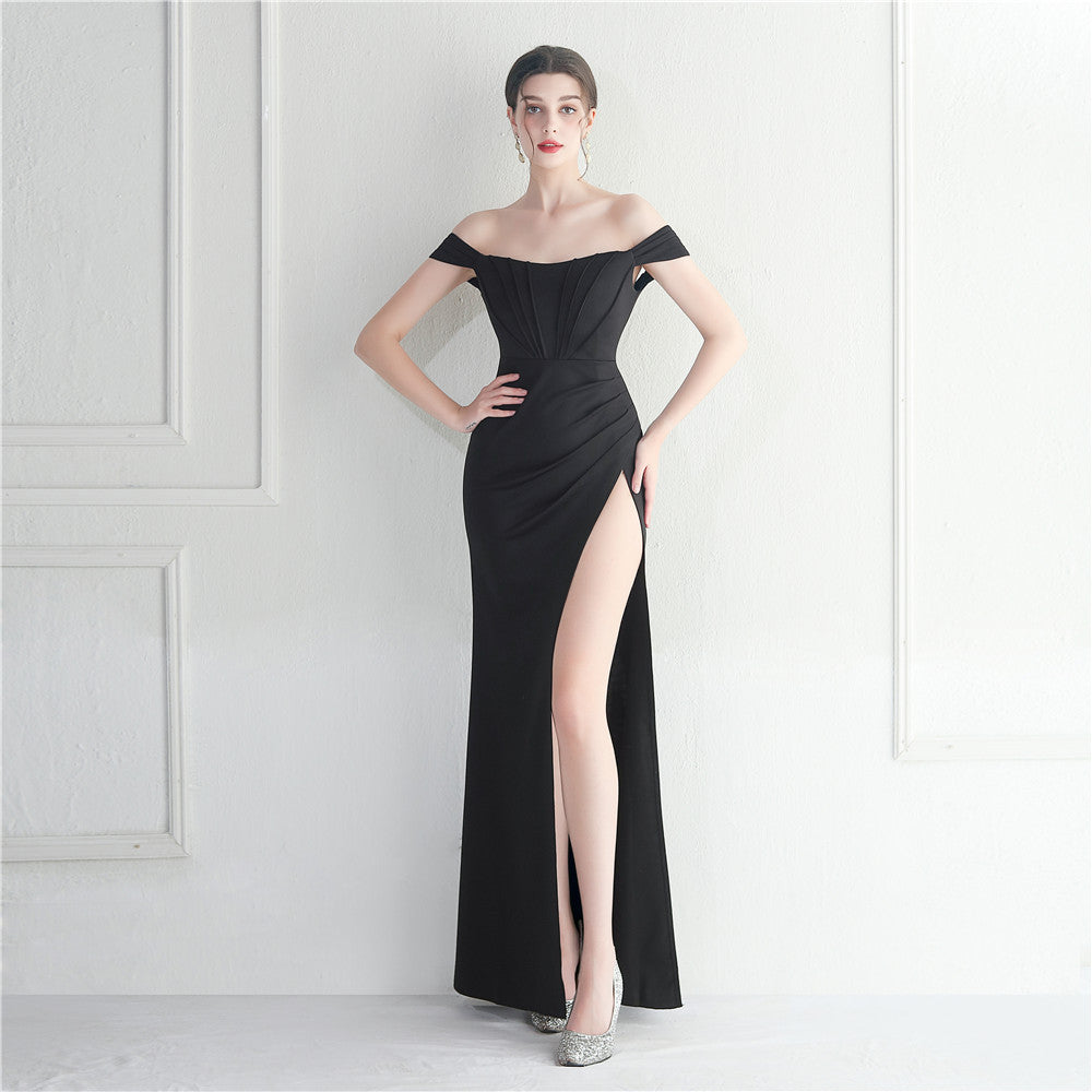 Off the Shoulder Collar Split Sexy Nightclub Dress Wedding Dinner