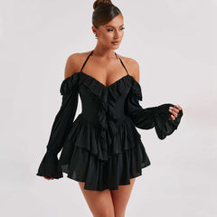 Women’s Autumn Sexy Halter Low Cut Ruffled Long Sleeve Romper – Trendy Fall Fashion