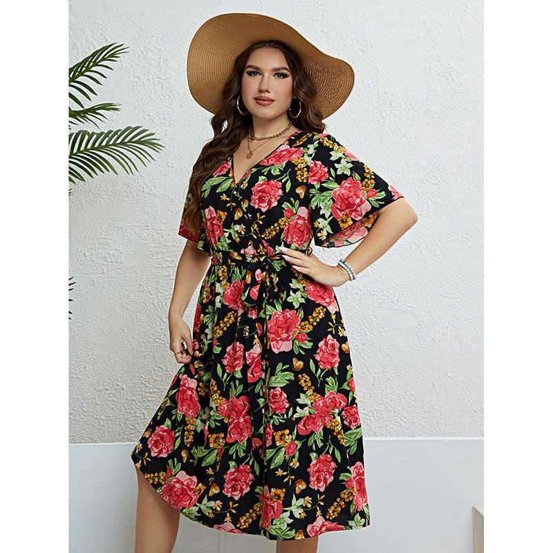 Popular Summer Rose V Neck Waist Controlled Slimming Dress