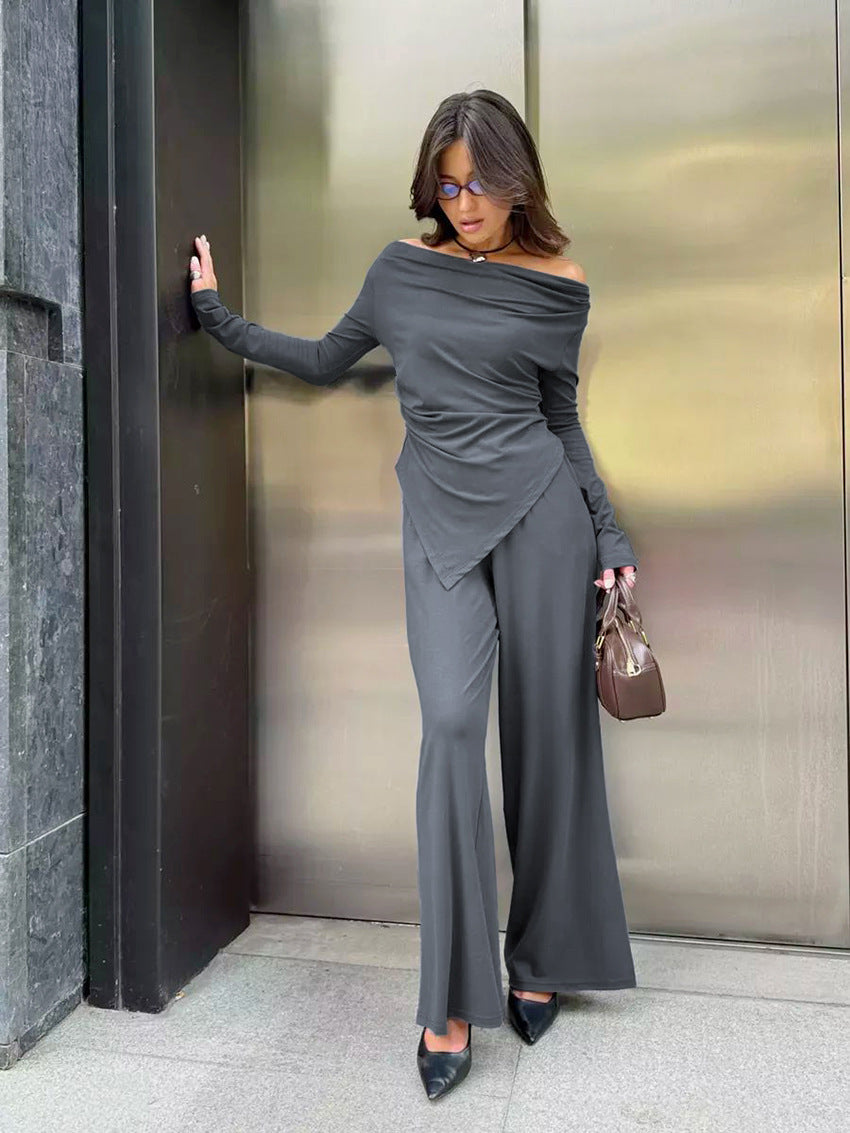 Strapless Ruched Slim Long Sleeve Top Wide Leg Pants Set