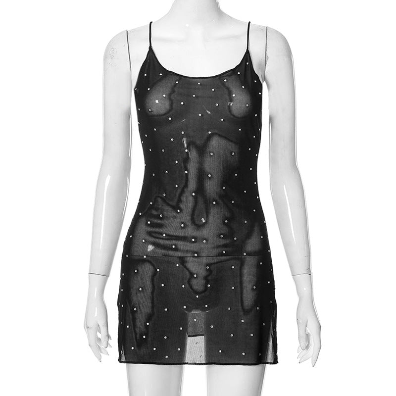 Women’s Sheer Rhinestone Mini Dress – Seductive See-through Cami