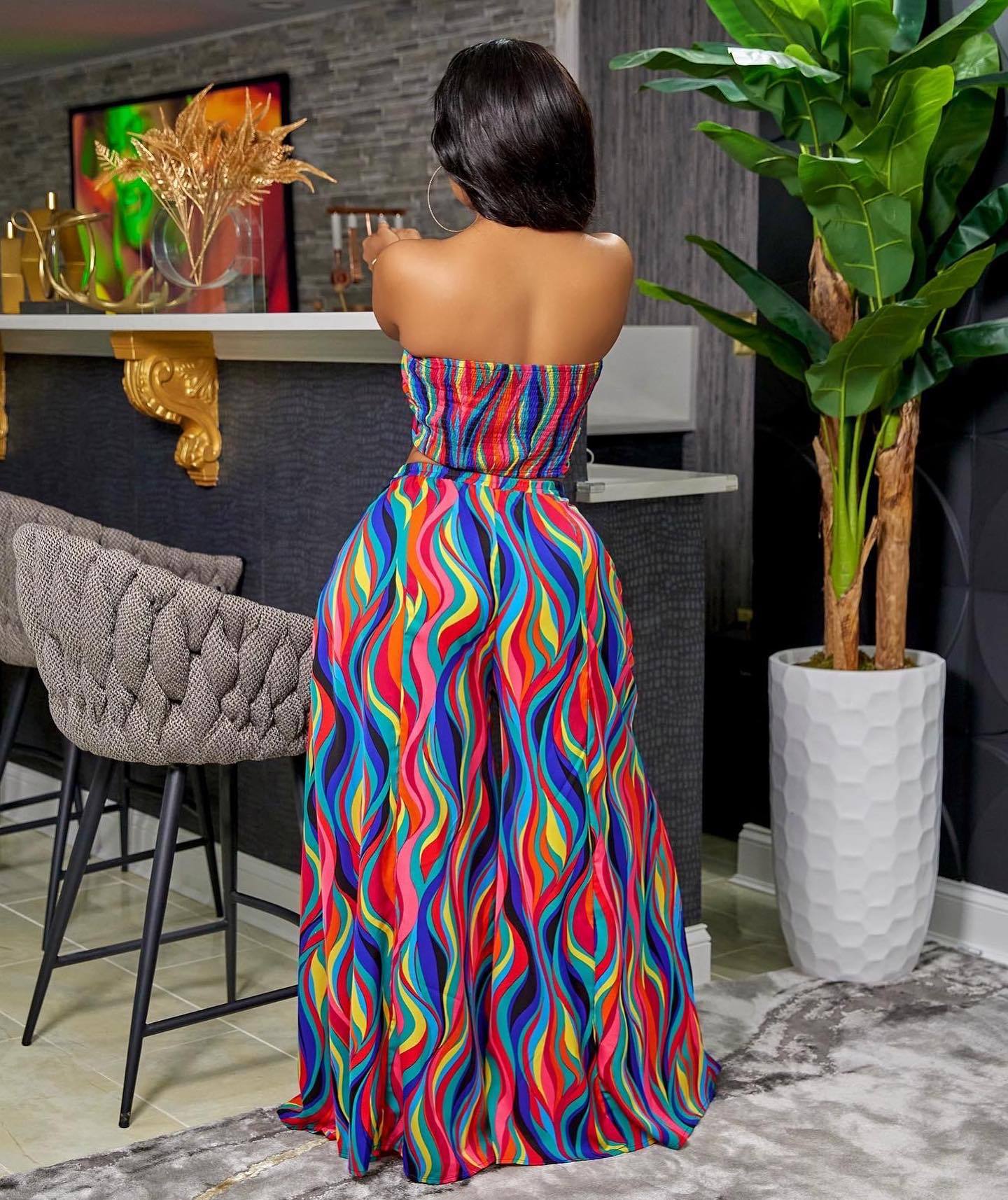 Women’s Colorful Printing Lace Up Tube Top Wide Leg Pants Suit – Spring Summer Fashion