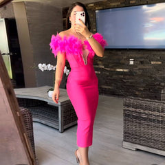 Women’s Feather Diamond Bandage Dress – Elegant Lady Party Dress