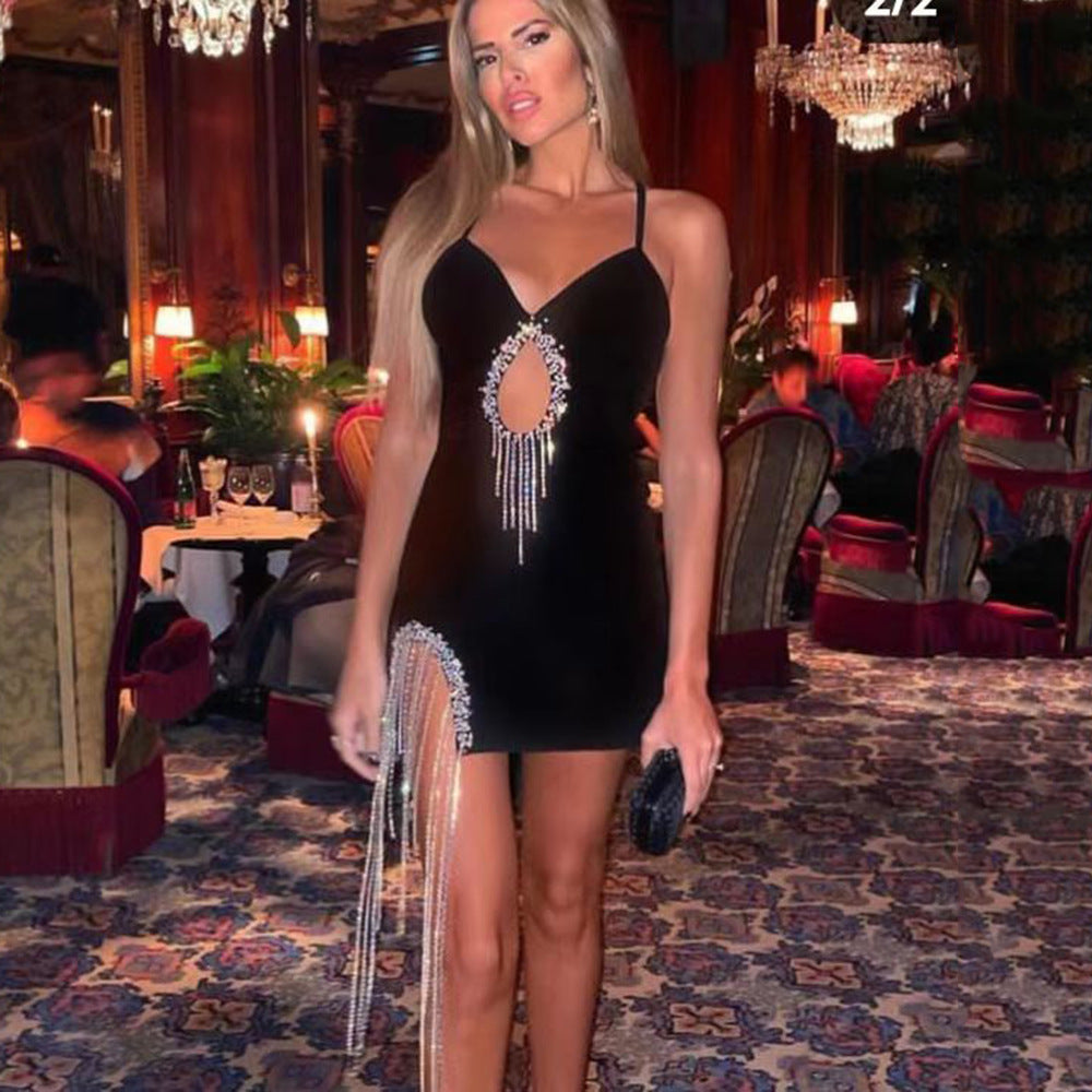 Autumn Sexy Cutout Rhinestone Silver Necklace Tassel Suspender Hip Sexy Dress