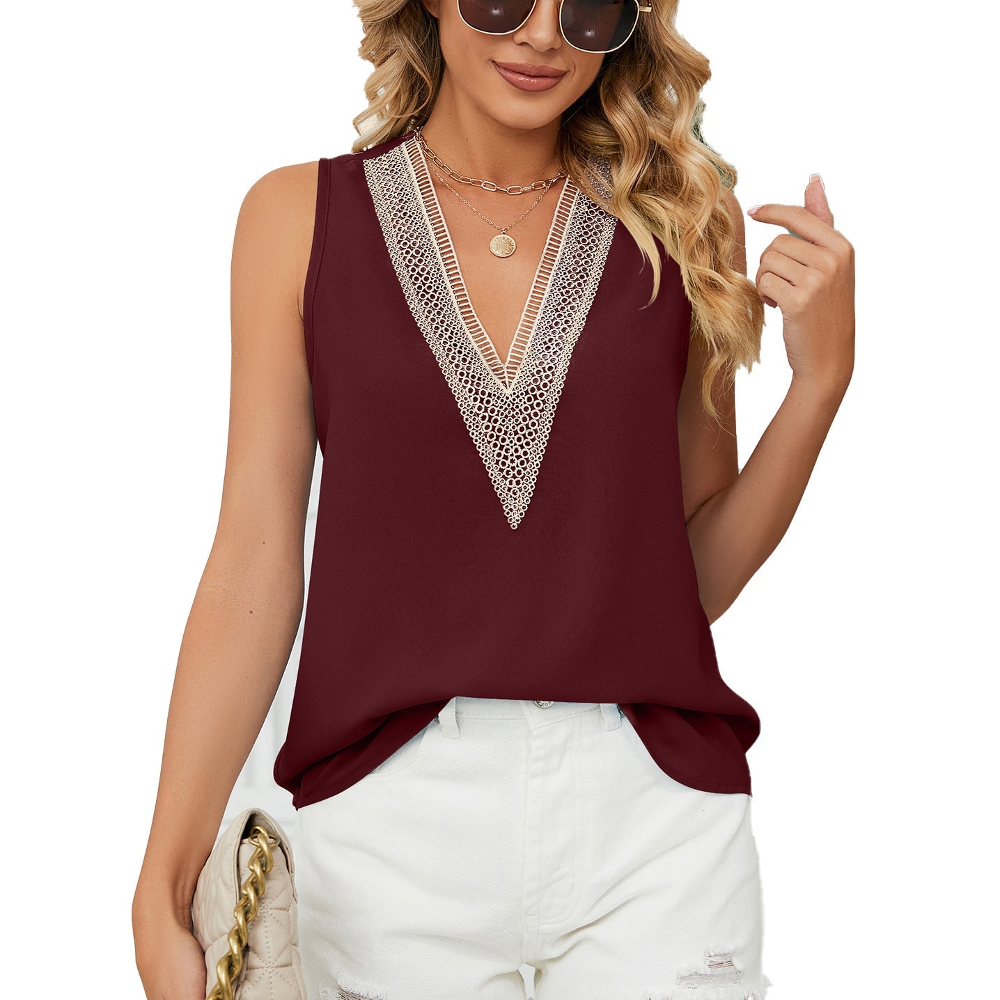 Summer Solid Color Chiffon Shirt Loose V Neck Pullover Sleeveless Top Vest