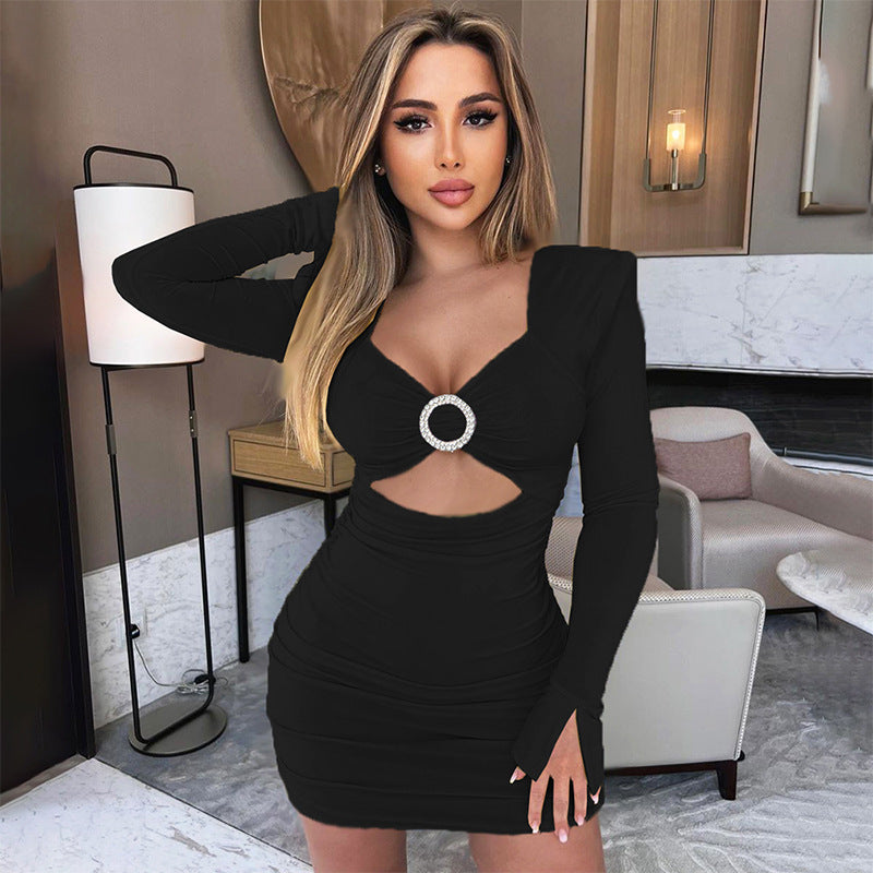 Women Clothing Autumn Winter Long Sleeve Hollow Out Cutout Sheath Sexy Dress