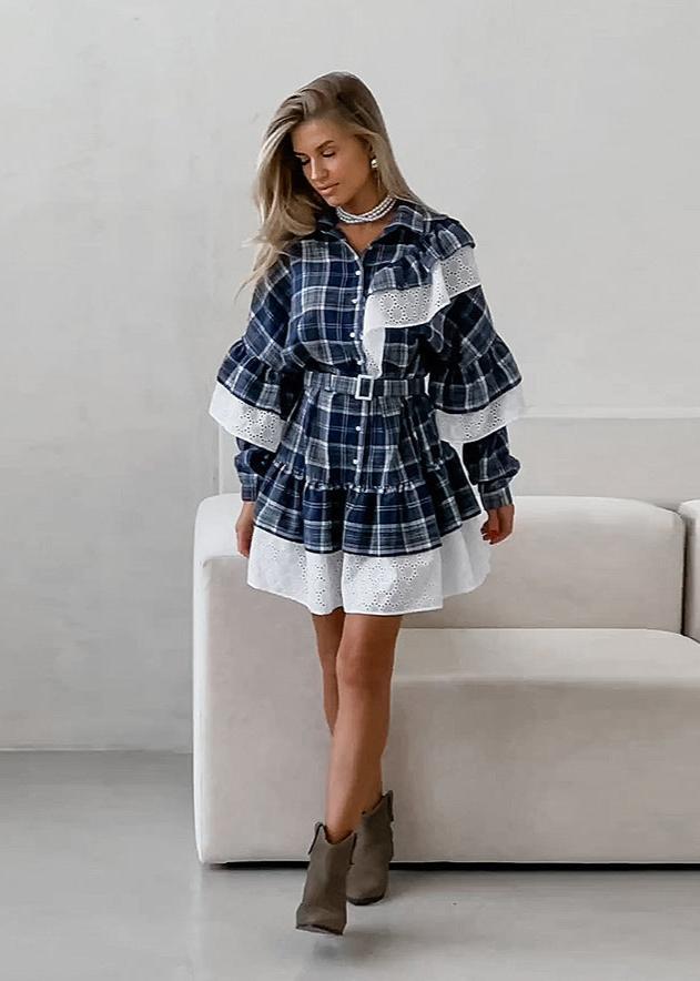 Plaid Elegance Ruffle Shirt Dress