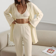 Autumn Sexy Knitted Sling Vest Pajamas Three Piece Set Cardigan Long Sleeve Pants Ladies Homewear