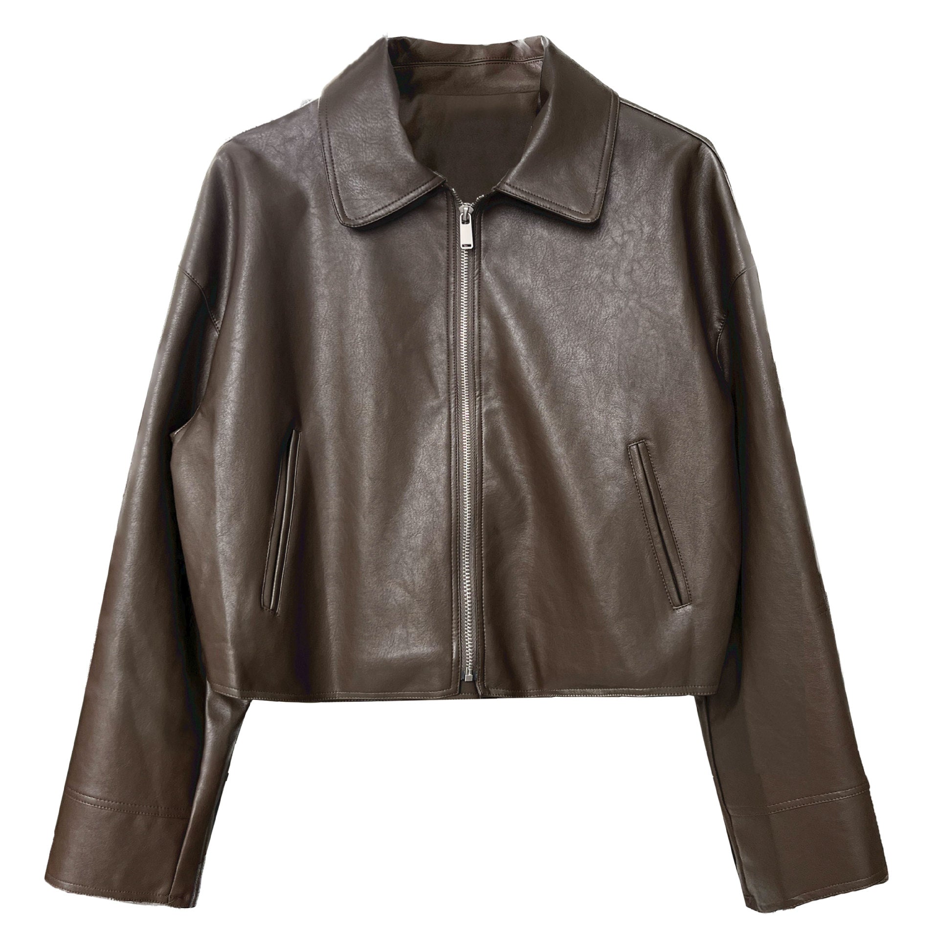 Cool Handsome High Grade Collared Leather Coat Women’s Spring Autumn Hong Kong Faux Leather Jacket Motorcycle Top Trendy