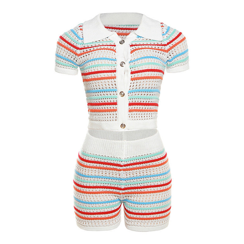 Women’s Summer Polo Collar Striped Short Sleeve Knit Set with High Waist Tight Shorts