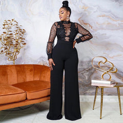 Party Turtleneck Sequin Lace Sheer Long Sleeve Top Loose Jumpsuit for Women