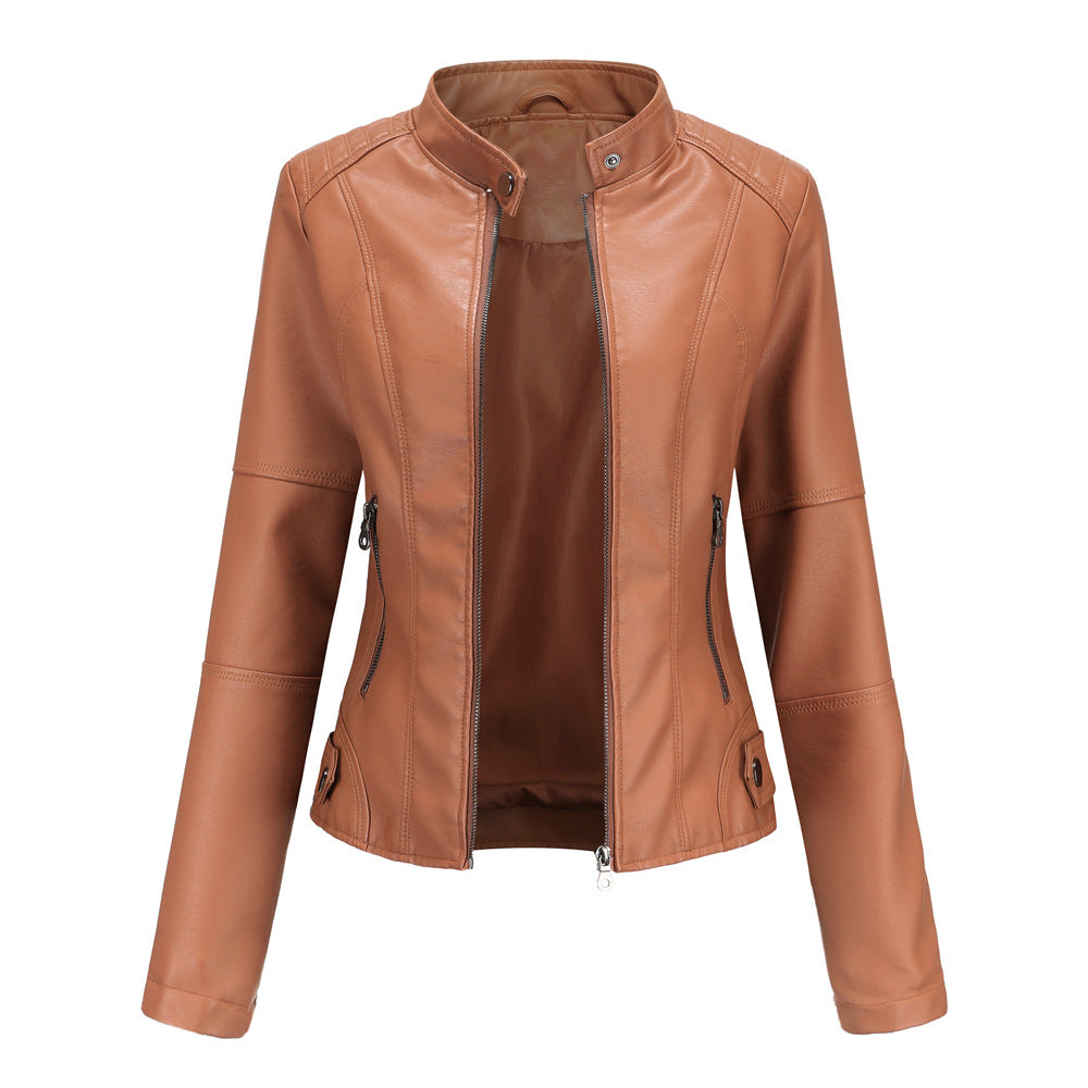 Women Leather Jacket Women Slim Jacket Thin Spring Autumn Coat Women Motorcycle Clothing Stand Collar Leather Jacket