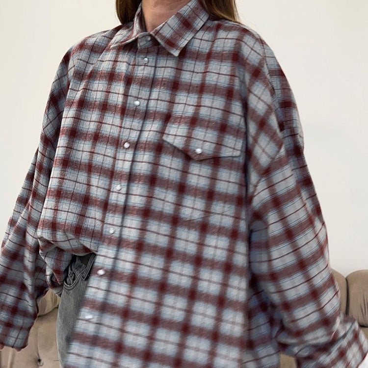 Street Retro Collared Long Sleeve Plaid Shirt Autumn Loose Plaid Cardigan Shirt