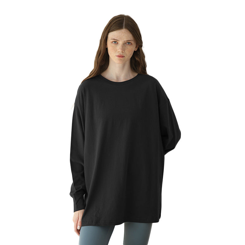 Pure Cotton Round Neck Loose Long Sleeves Bottoming Shirt Sexy Casual Sporty Simplicity T shirt Solid Color Top Women