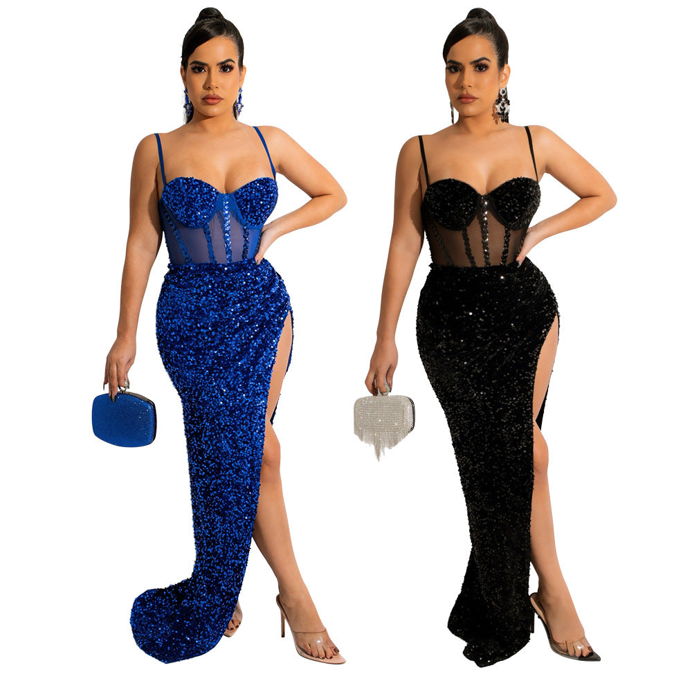 Hip Spaghetti Straps Chest Wrap Maxi Dress Sequined Lining Sexy Evening Dress Dress with Chest Cotton