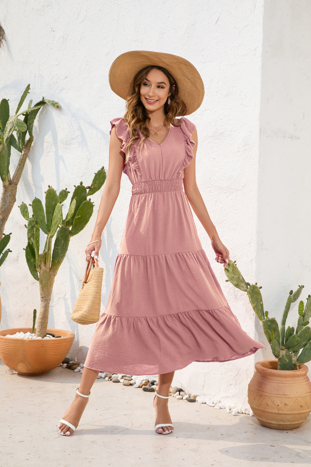 V neck High Waist Tiered Dress Maxi Dress Casual Vacation Travel Dress