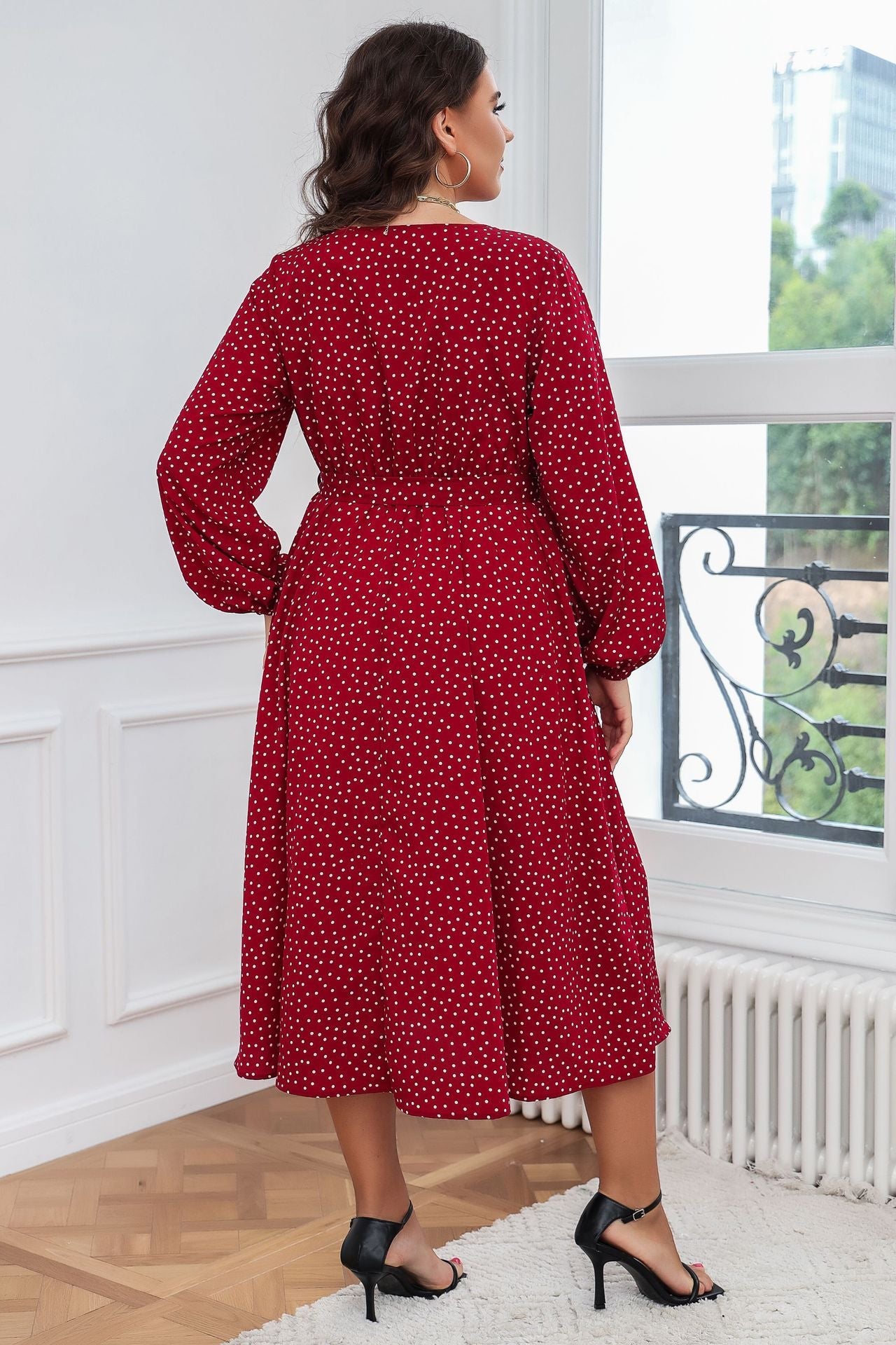 Plus Size Swing Artistic Red Dress – Cotton Office Polka Dot Long Sleeve Women Clothing