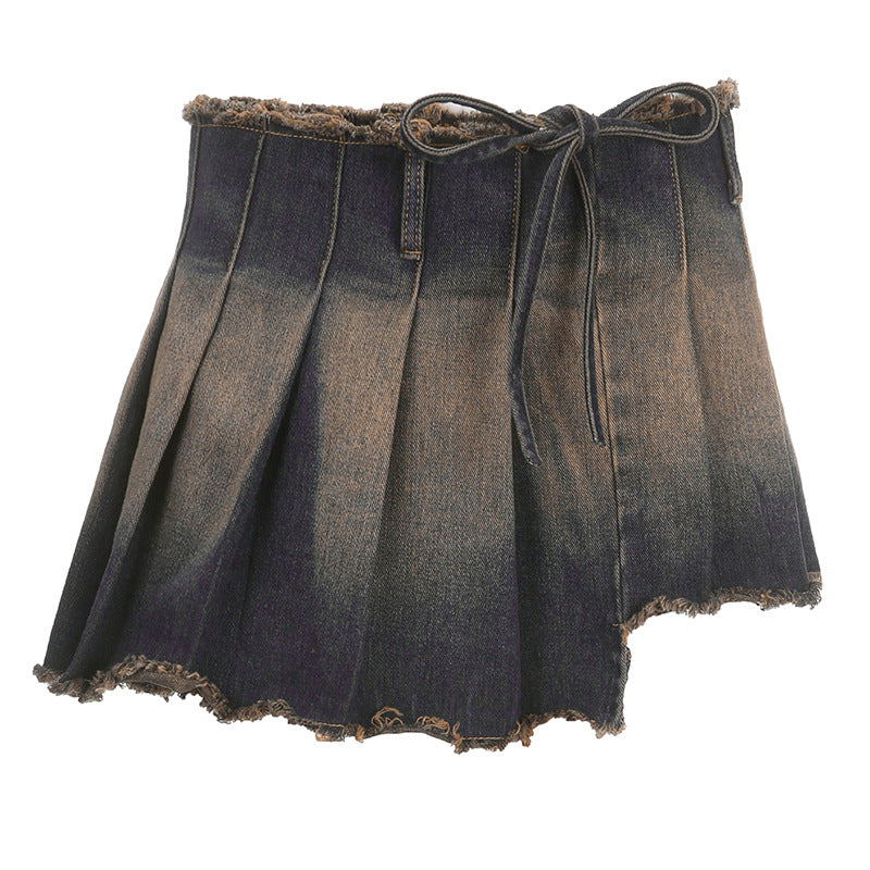 Street Retro Tie Dyed High Waist Lace Up Pleated Skirt Miniskirt