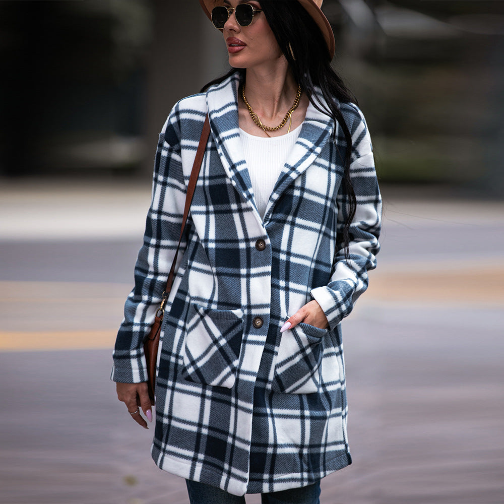 Autumn Winter Women’s Collared Pocket Plaid Wool Coat