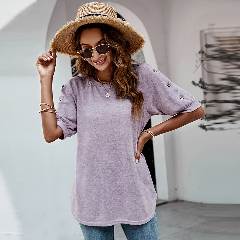 Summer Loose round Neck Button Casual T shirt Top