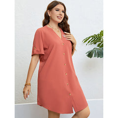 Summer V neck Buckle Loose Dress Women