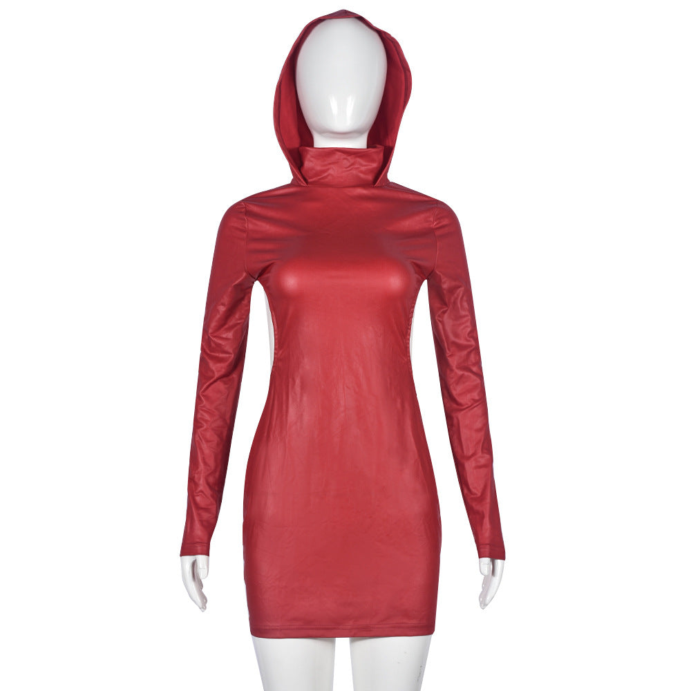 Long Sleeve Turtleneck Personalized Hooded Patent Leather Hollow Out Cutout Sexy Ultra Short Dress for Women