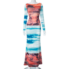 Women Autumn Casual Hand Painted Printed Long Sleeve Slim round Neck Length Dress