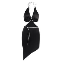 Drill Chain V neck Halter Hollow Out Cutout Beveled Dress Spring Sexy Slim Fit Sexy Backless