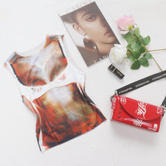 Sexy Pixel Bra Printed Round Neck Slim Sleeveless Vest Top Women Summer