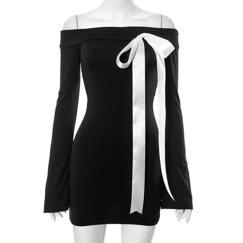 Women Clothing Spring Summer Long Sleeve off Shoulder Bow Sheath Sexy Dress