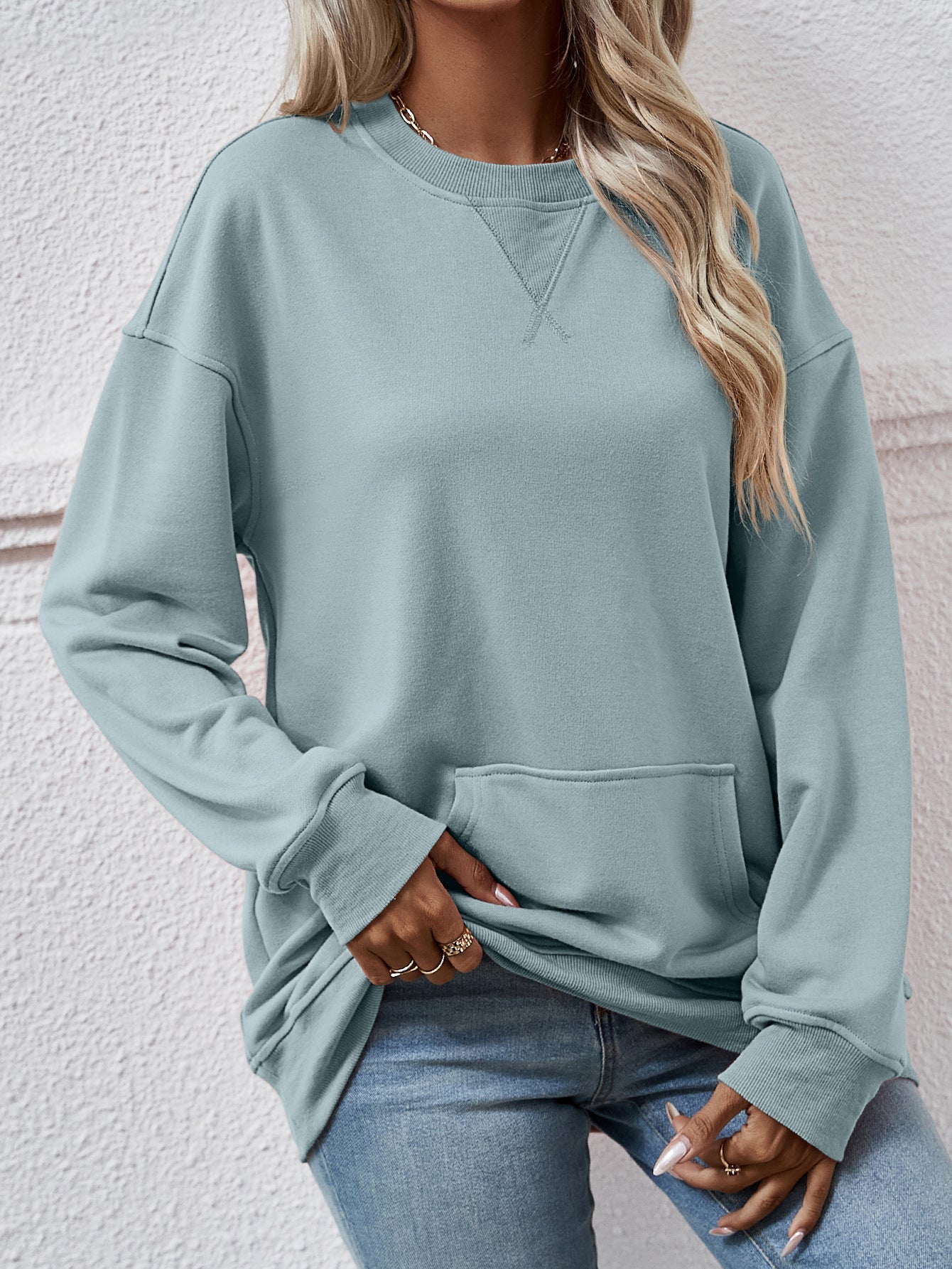 Autumn Winter Casual Sweatshirt Women Loose Round Neck Pocket Women Top