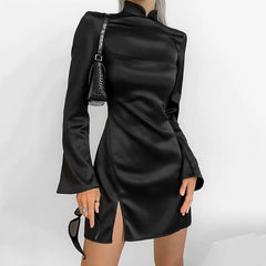 Spring Chinese Stand up Collar Slim Fit Dress Niche Long Sleeve Exposed Back Black Short Dress Women Clothing