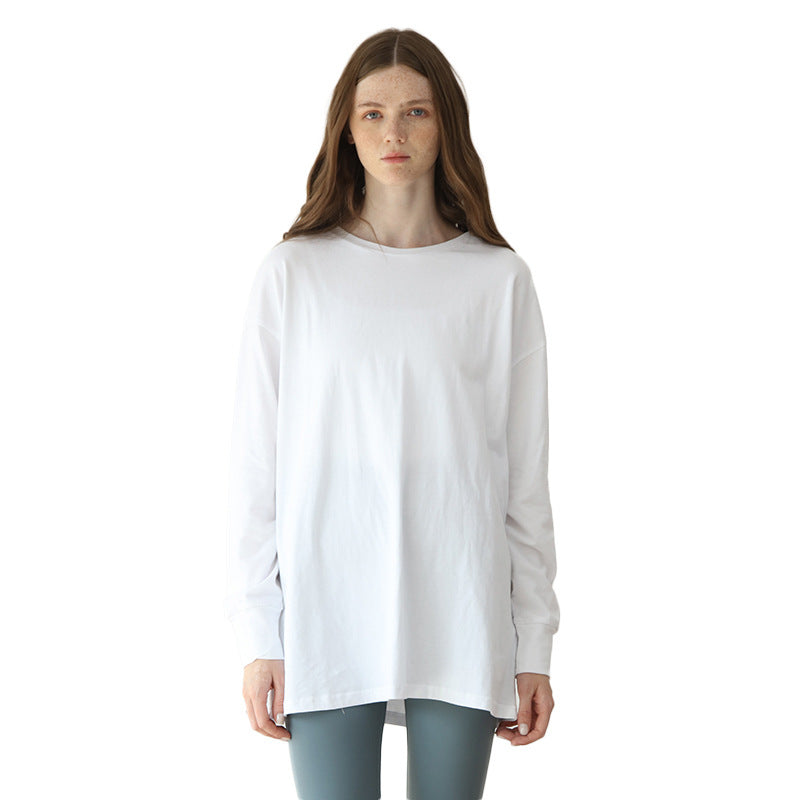 Pure Cotton Round Neck Loose Long Sleeves Bottoming Shirt Sexy Casual Sporty Simplicity T shirt Solid Color Top Women