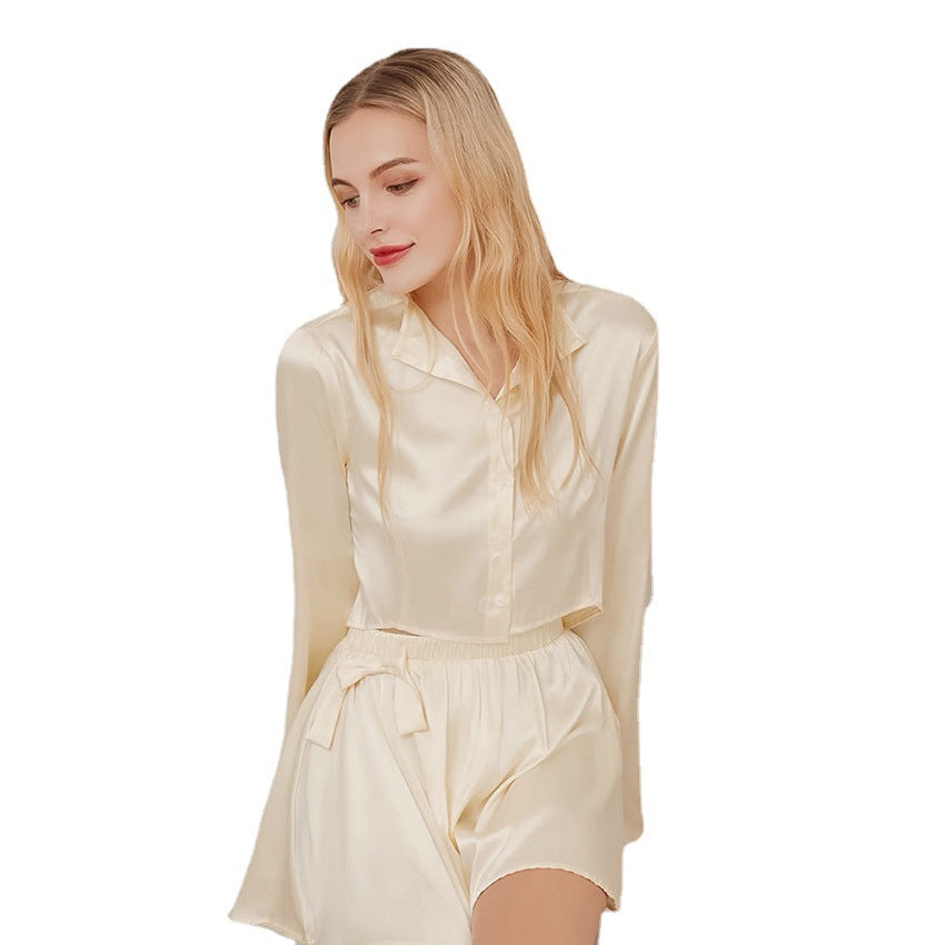 French Champagne Bridal Clothes Solid Color Casual Shirt Shorts Suit Bow Classic Home Wear for Women