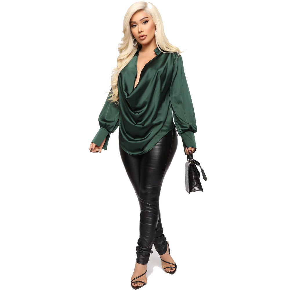 Fall Winter Women Shirt: Sexy Deep V-neck Satin Top