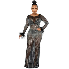 Nightclub Party Rhinestone Women Clothing Mesh See Through Long Sleeve Dress Dress Women