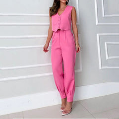 Women’s Summer Casual V Neck Sleeveless Top and Wide Leg Trousers Set