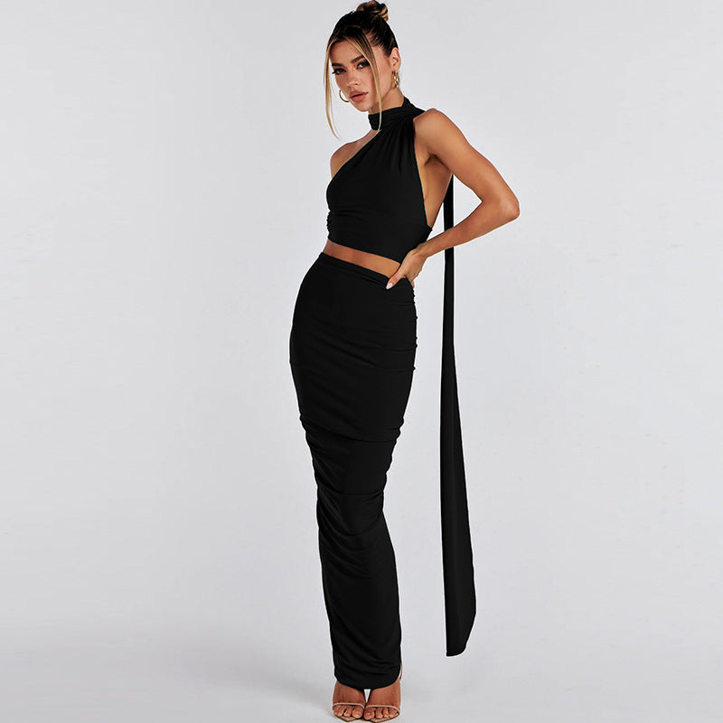 Women Clothing Summer Backless Tube Top Slim Pleated Skirt Set