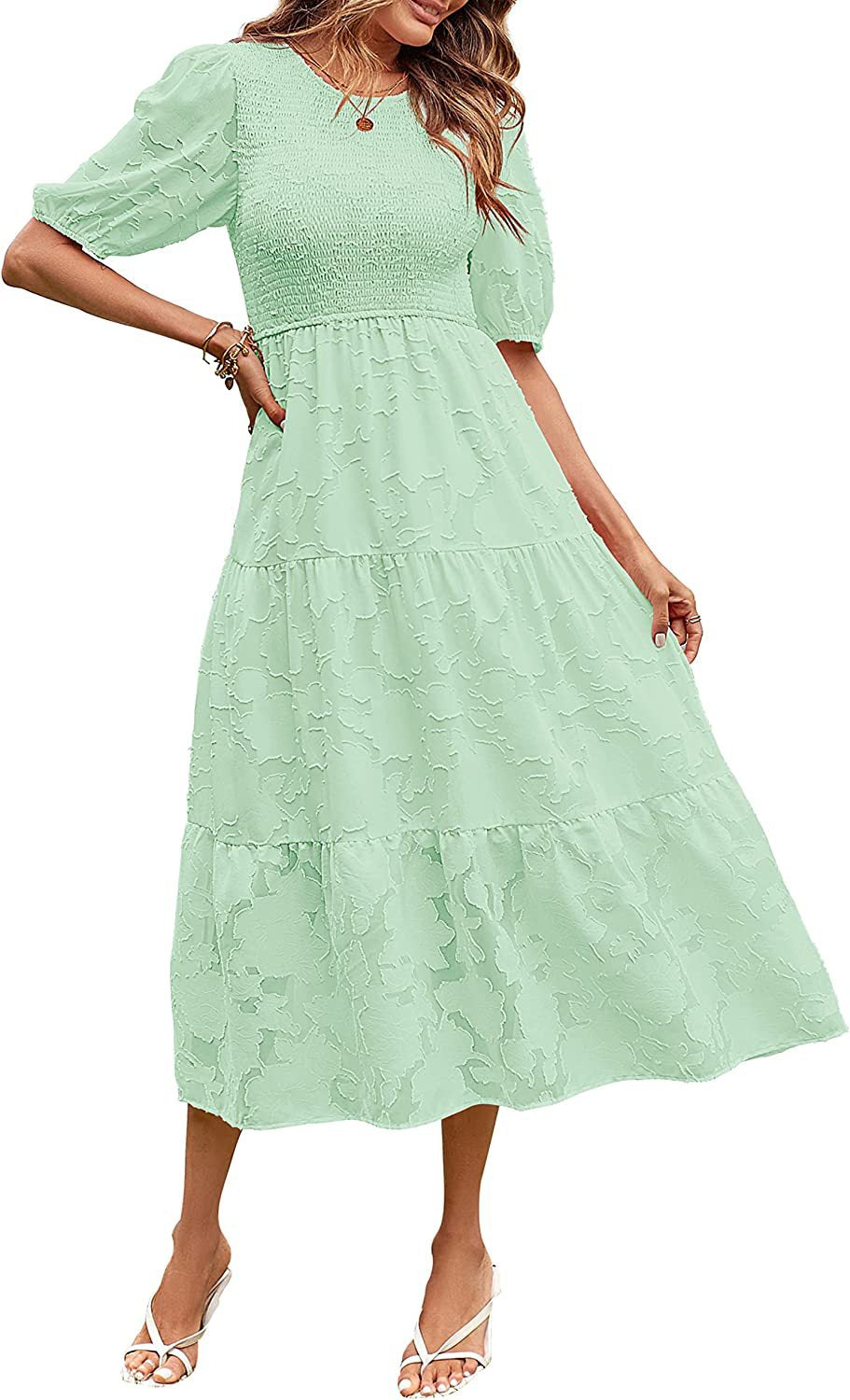 Summer Women Clothing Round Neck Pleated Puff Sleeve Layered Floral Dress