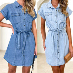 Spring Summer Loose Casual Denim Short Sleeve Dress Women Clothing